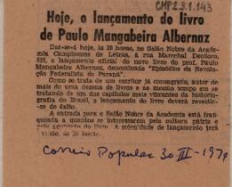 Hoje, o lançamento do livro de Paulo Mangabeira Albernaz