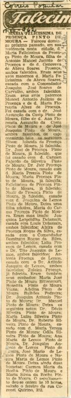 [Obituário de Maria Felicissima de Proença Pinto de Moura]