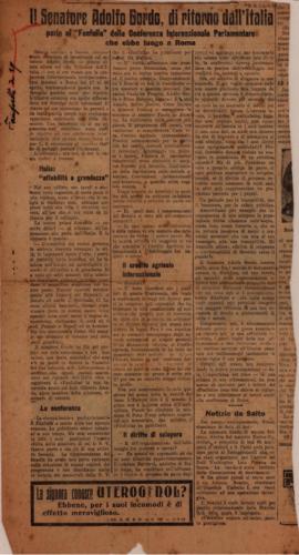 Il Senatore Adolfo Gordo, di ritorno dall’Italia