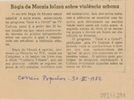 Régis de Morais falará sobre violência urbana