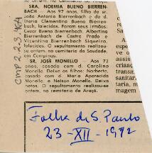 [Obituários de Noemia Bueno Bierrenbach e José Monello]