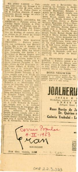[Obituário de José Caron, Cristina Augusta de Freitas e Amelia dos Santos Teixeira]