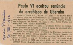 Paulo Vi aceitou a renúncia do arcebispo de Uberaba