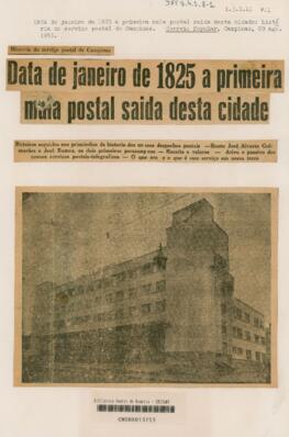 História do serviço postal de Campinas: Data de janeiro de 1825 a primeira mala postal saída dest...