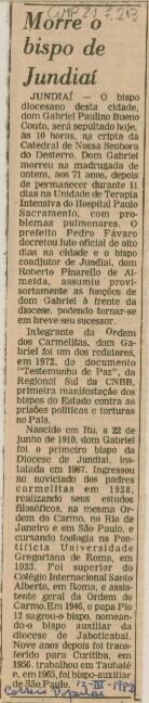 Morre o bispo de Jundiaí