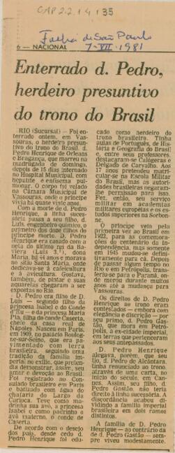 Enterrado d. Pedro, herdeiro presuntivo do trono do Brasil